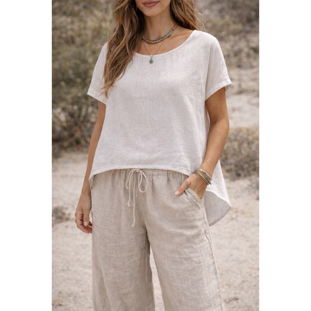 Terzo Millenio White Italian Linen Asymmetrical Hi-low‎ Top L Lagenlook Beachy